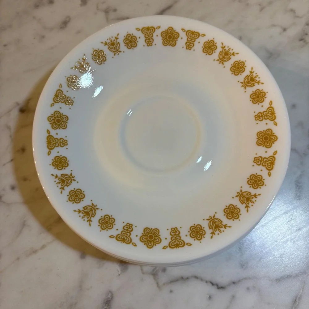 12 Vintage Corelle Butterfly Gold Saucers Corning Vitrelle White Gold Floral Set